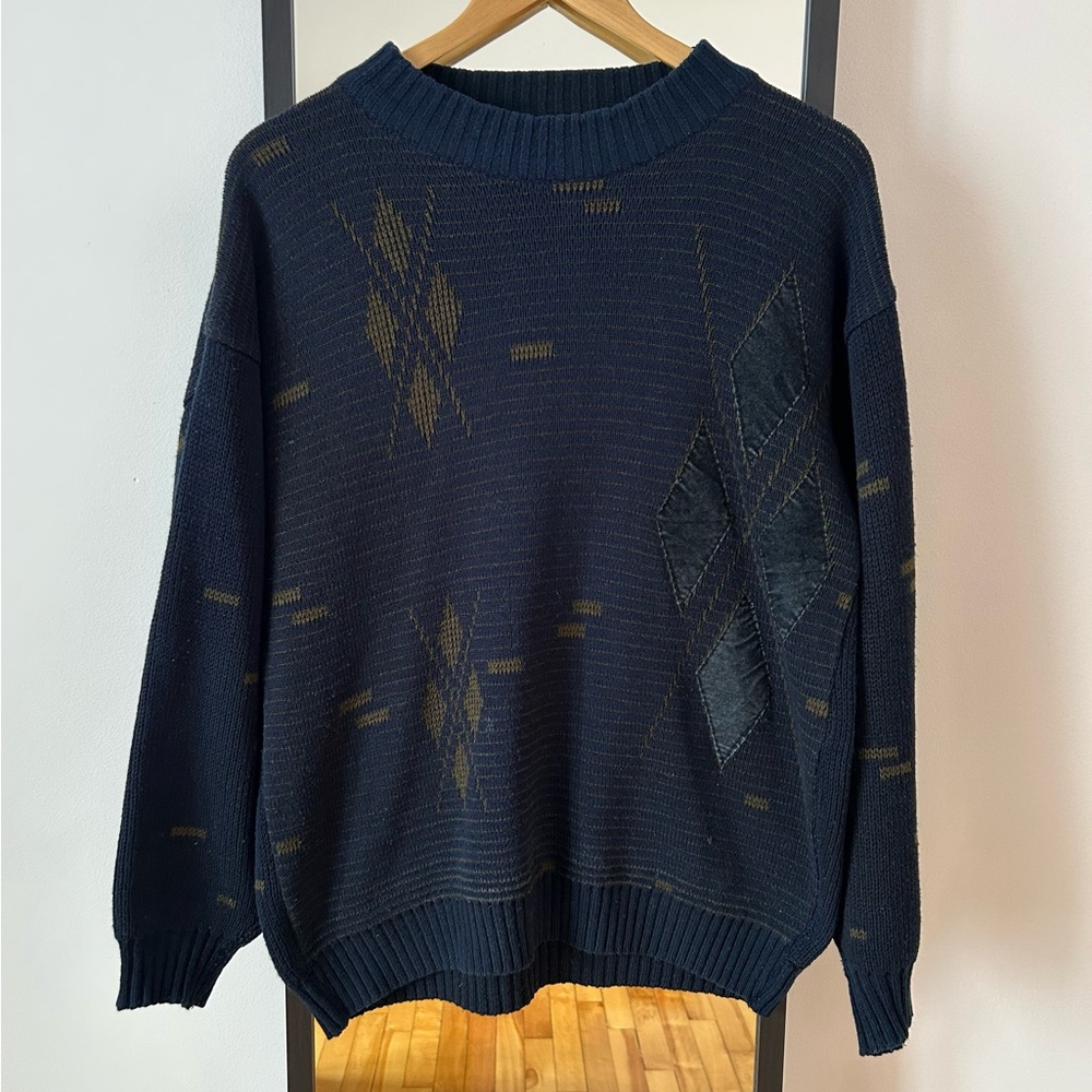 Vintage 80s 90s Chams geometric suede grandpa knit crewneck sweater knitwear dad